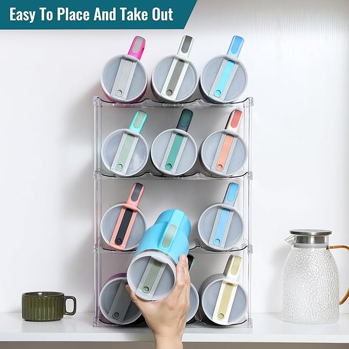 Design for Stanley 40 OZ & Large Bottles & Tumblers with Handle, Acrylic Water Bottle Organizer - Stackable Clear Wine Rack, Cup Holder for Home Kitchen Pantry Shelf Countertop Cabinet, 4 Tier Hold 12
