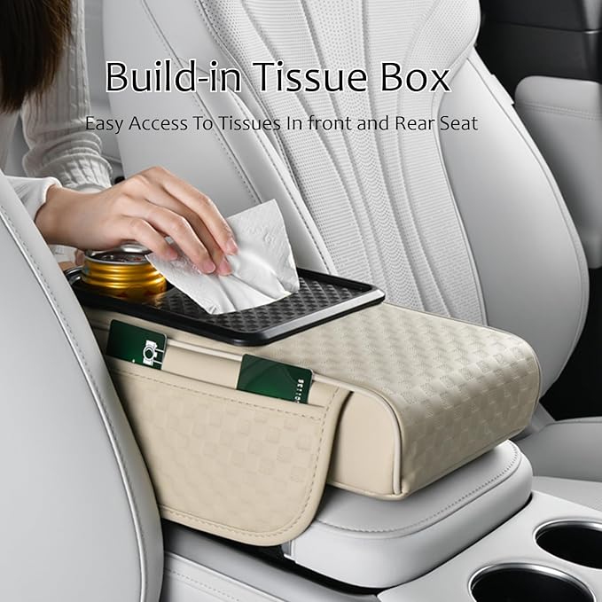 Car Center Console Armrest Pad, Arm Rest Box Cushion with Ergonomic Height Boost, Storage Pockets, Built-in Tissue Box, Cupholder, Fit for Most Sedan Vehicles (Embossing Checkerboard, Burgundy)