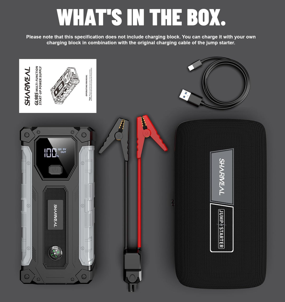 Sharmeal Car Jump Starter 3000A, Jump Starter Battery Pack for 9.0L Gas and 7.0L Diesel, 12V Portable Jump Box with LED Light