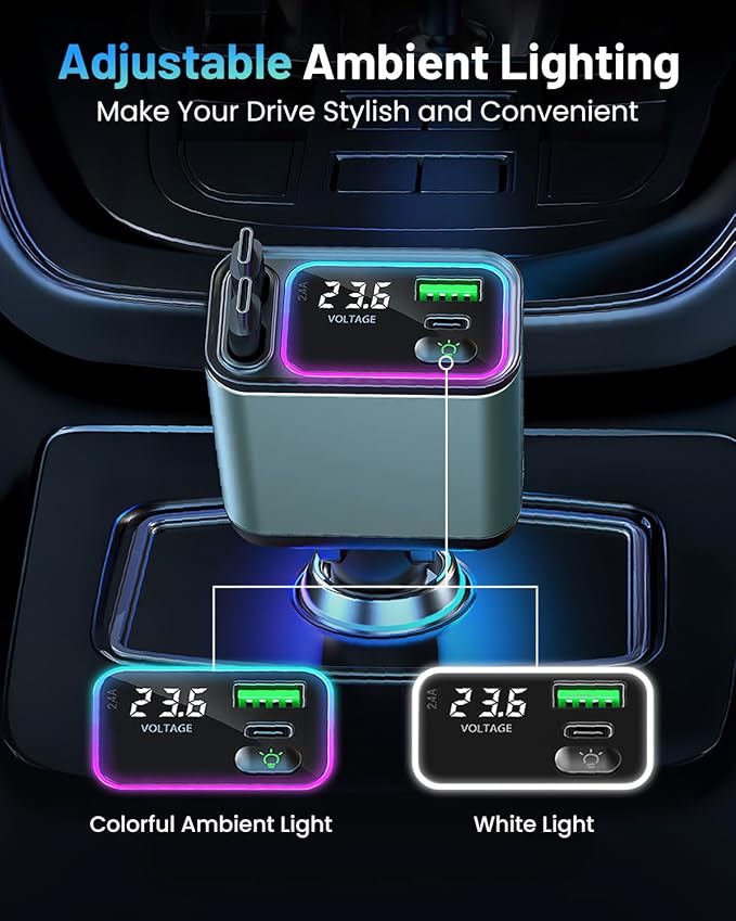 4 in 1 Retractable Car Charger with RGB Light, 92W Fast Charging Dual USB C Car Adapter, Compact Car Phone Charger for iPhone/Galaxy/Pixel, Road Trip Essentials (Dual Type C Cable)