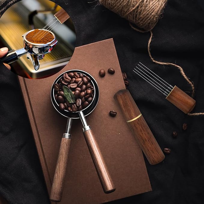 Zolunu Espresso Coffee Stirrer 5 Needles 0.4mm Espresso Distribution Tools, Natural Wood Handle and Stand (Rosewood)