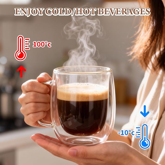 14oz Double Walled Glass Coffee Mugs, Insulated Clear Glass Cups with Handle for Latte, Cappuccino, Tea, Set of 2
