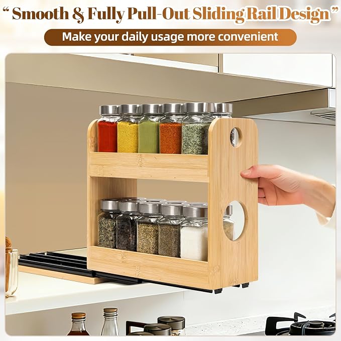Tfro & Cile Pull Out Spice Rack Organizer for Cabinet 2-Tier Vertical Bamboo Slide Out Seasoning Organization for Kitchen Pantry