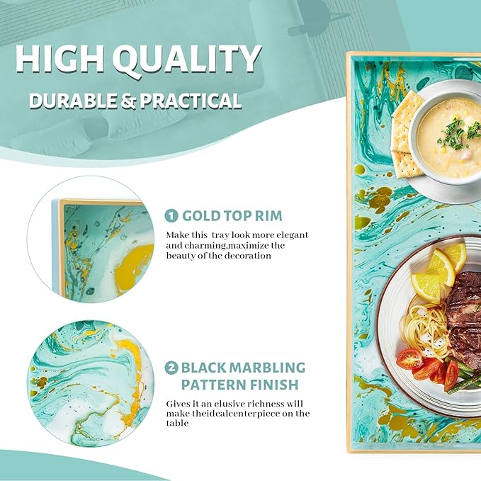 MAONAME Turquoise Serving Tray with Handles, Plastic Decorative Tray for Coffee Table, Marbling Rectangular Tray for Bathroom, Ottoman, Storage, 15.7" Lx 10.2" W X 1.57" H