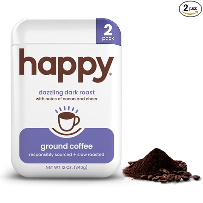 happy coffee dark roast ground coffee, 12 oz 2 pack., notes of cocoa & cheer, recyclable container, grown & harvested in Brazil, Rwanda & Colombia