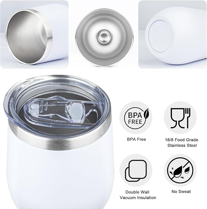 MEZMUT 12 Oz Insulated Wine Tumbler with Lid Double Wall Vacuum Stainless Steel Wine Glass Coffee Mug Insulated Tumbler Cup for Champaign, Cocktail, Beer (White, 6 Pack)