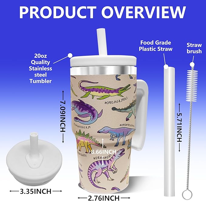 2PCS 20-OZ Insulated Water Bottle,Insulated Stainless Steel Tumbler,Reusable Cold Drink Thermos,BPA-Free, Double-Wall Stainless Steel Water Bottle (Cream-Dinosaurs, 20, Fluid Ounces)