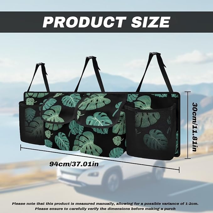 Tropical Palm Leave Large Capacity Car Trunk Organizer, Waterproof Oxford Backseat Hanging Storage Bag with 4 Pockets, Foldable Car Organization for Car Tools, Car Accessory for SUV Truck