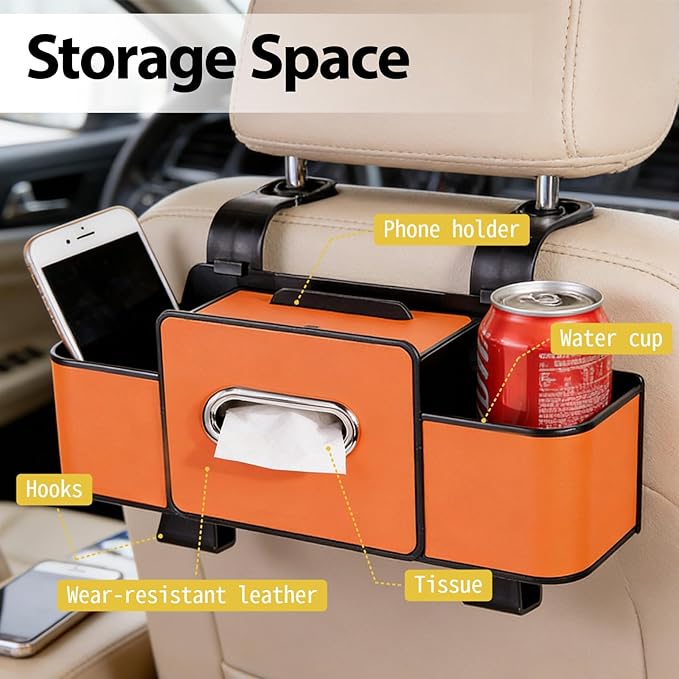 ZenChef Three-in-one Car Organizers and Storage, 2025 New Multi-function Car Tissue Holder, Multi-function Backseat Car Organizer with Cup Holder, Tissue Box, Hook(black)