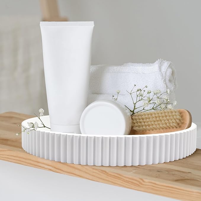 Round Decorative Tray for Coffee Table Decor, 11.8in White Decorative Serving Tray for Kitchen Counter,bandejas decorativas, Wooden Serving Tray for Party