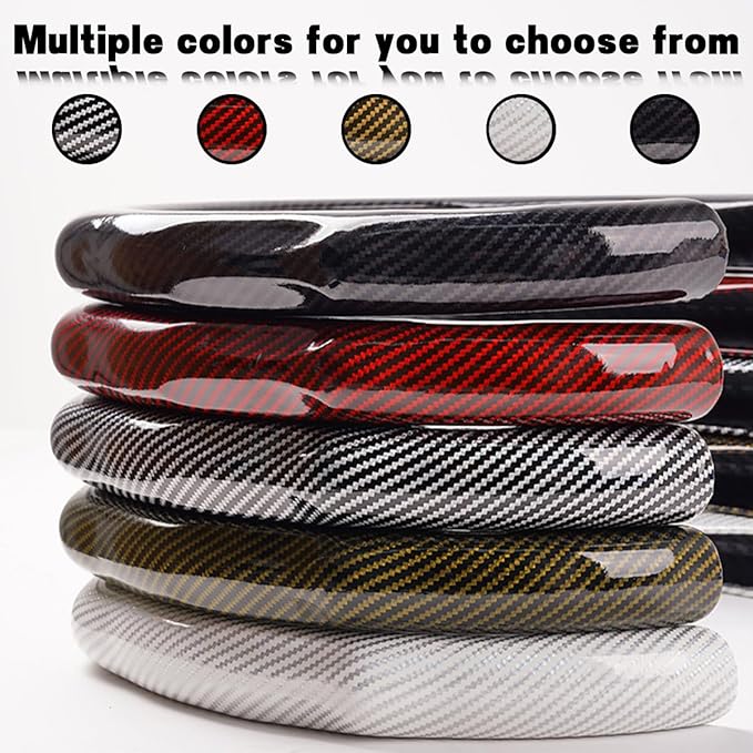 Carbon Fiber Car Steering Wheel Cover, Leather Non-Slip Vehicle Steering Wheel Cover for 14.5-15 Inch, Comfortable Auto Interior Protector Decoration Accessories, Universal Fit(Red)