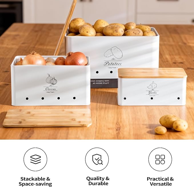 Metal Potato Onion and Garlic Storage Tin Set of 3, White Kitchen Vegetable Canisters with Bamboo Lid and Aerating Holes, Stackable Kitchen Keeper Storage for Countertop Pantry