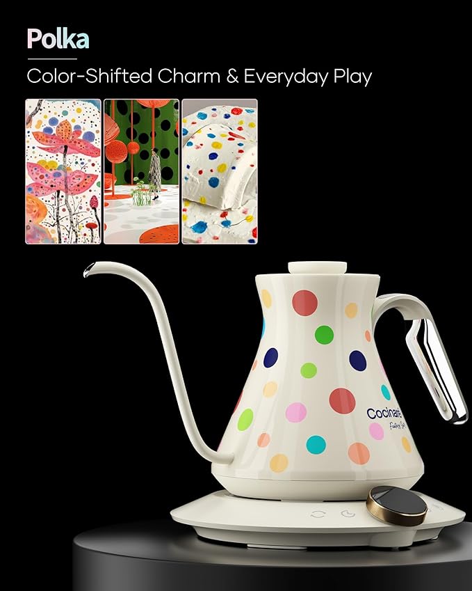 Cocinare Color-changing Collection Polka Gooseneck Electric Kettle, ±0.5℉ Precise Temperature Control for Pour-Over Coffee & Tea, Quick Heating 1500W, Stainless Steel Interior, 0.9L