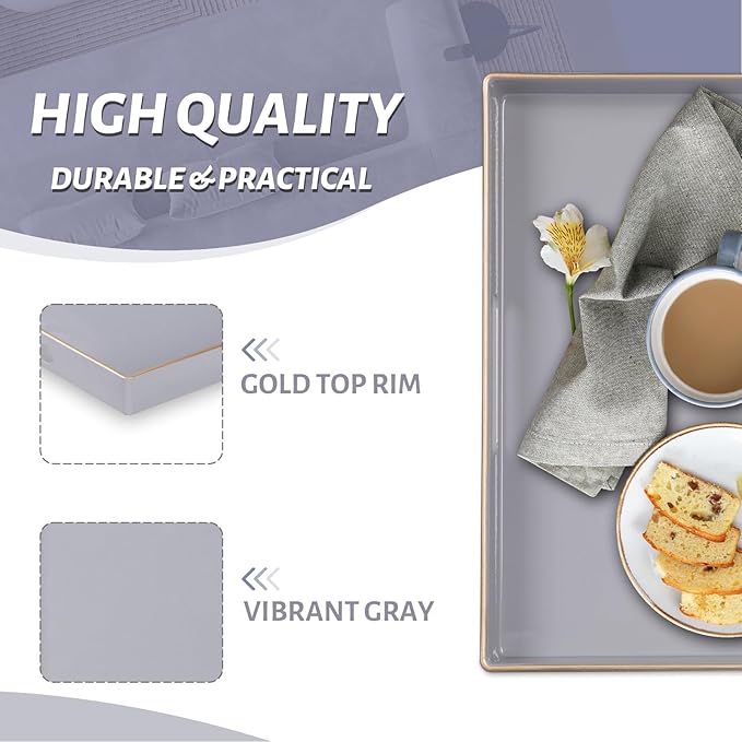 MAONAME Decorative Tray, Gray Serving Tray with Handles, Coffee Table Trays, Square Plastic Trays for Ottoman, Bathroom, Kitchen, 13" x 13" x 1.57"