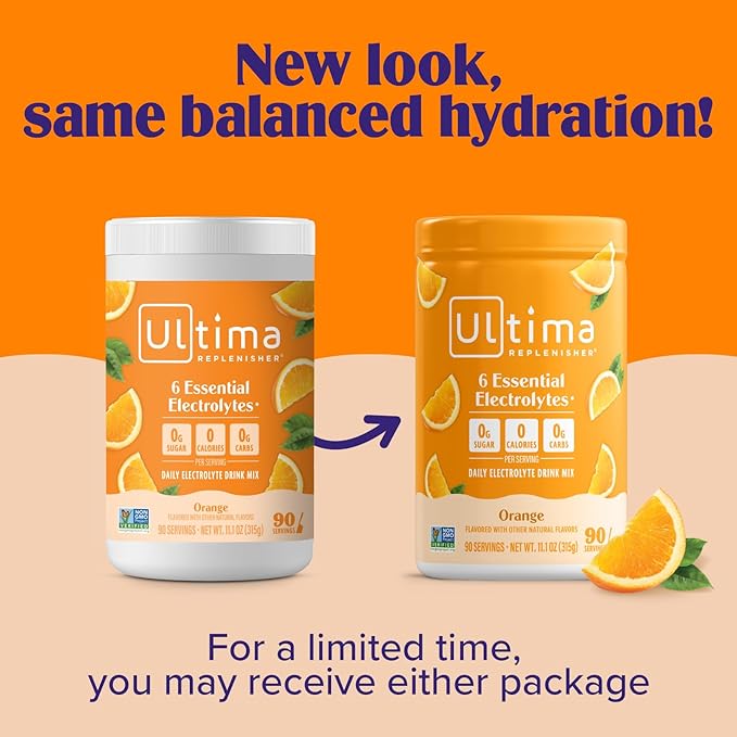 Ultima Replenisher Daily Electrolyte Powder Drink Mix – Sugar Free – Orange, 90 Servings – Hydration Powder with 6 Key Electrolytes and Trace Minerals – Keto Friendly, Vegan, Non-GMO