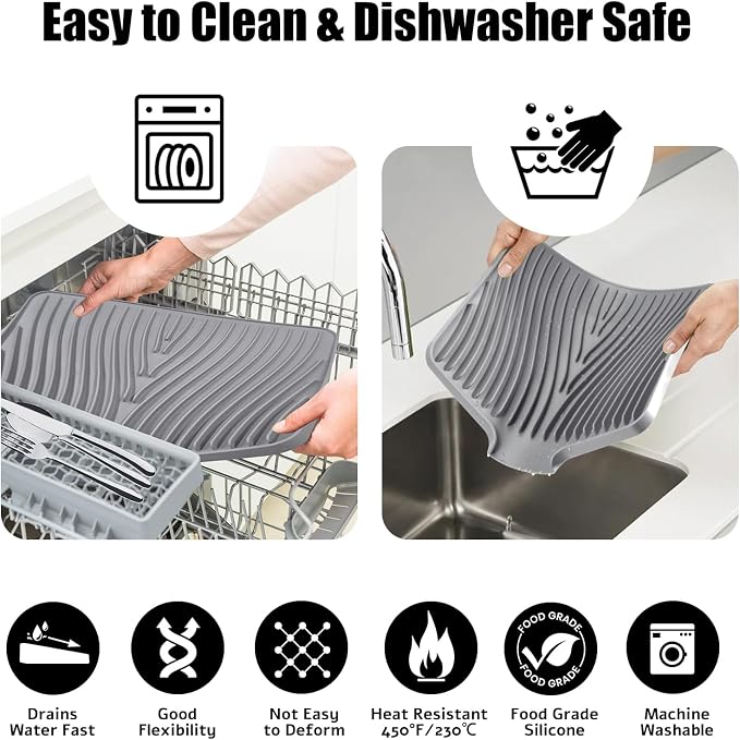 TIKNIK Silicone Dish Drying Mat for Kitchen Counter - Heat Resistant & Non-Slip Dish Drain Pad with Built-In Drain, Dishwasher Safe, Quick-Dry, Hangable & Roll-Up for Storage, Grey-2pcs, 20" x 15"