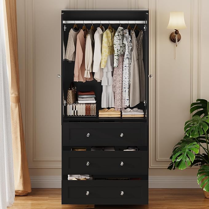 VOWNER Armoire Wardrobe Closet with Drawers and Mirror, 71" Clothing Storage Cabinet with Hanging Rod, 2 Doors Wooden Wardrobe Cabinet for Bedroom, Large Capacity Storage