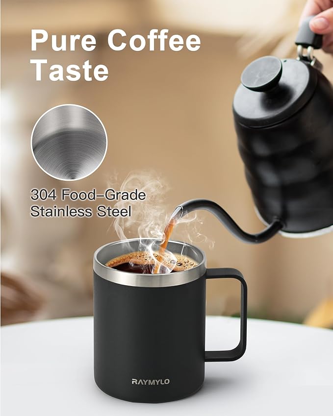 Insulated Coffee Mug 12 oz, Double Wall Stainless Steel Coffee Mug with Lids, Leak-Proof & Detachable Slider Lid for Thorough Clean, Keeps Coffee Cold for 9 Hrs, Suitable for Camp Home Office
