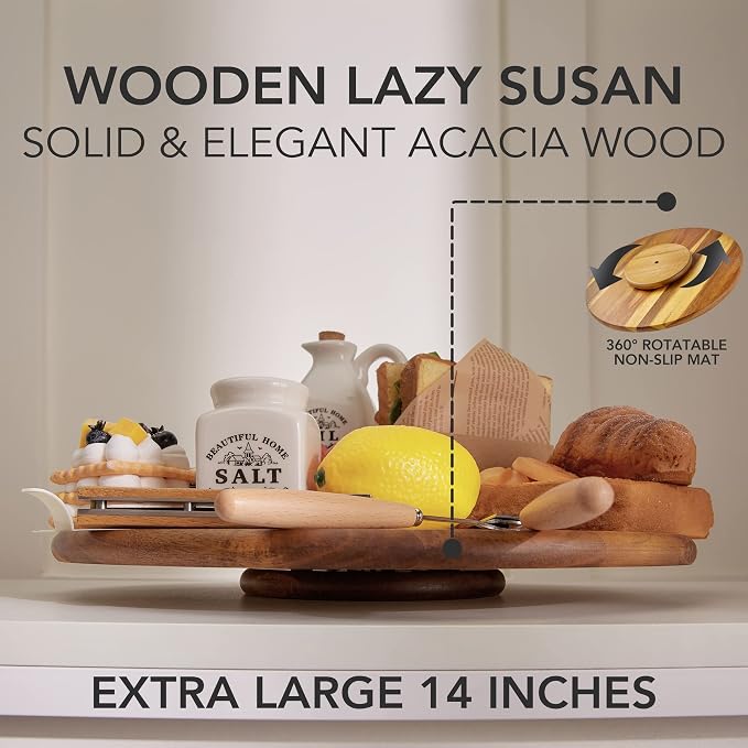 Acacia Wood Lazy Susan, Wood Turntable Tray Cabinet Organizer,14"
