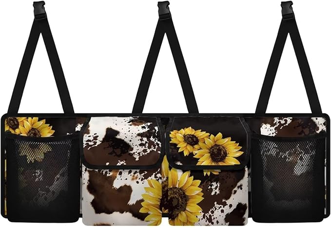Cow Sunflower Hanging Trunk Organizer for SUV, Car Organizer, Waterproof Back Seat Organizer for SUV, Car Organizers and Storage with Adjustable Straps, Car Storage Organizer