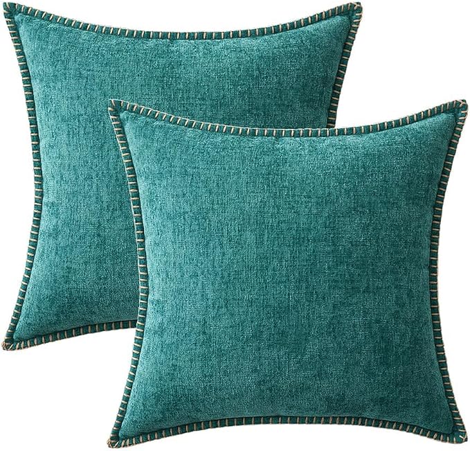MIULEE Pack of 2 Couch Throw Pillow Covers 20x20 Inch Teal Farmhouse Decorative Pillow Covers with Stitched Edge Soft Chenille Solid Dyed Summer Pillow Covers for Sofa Bed Living Room