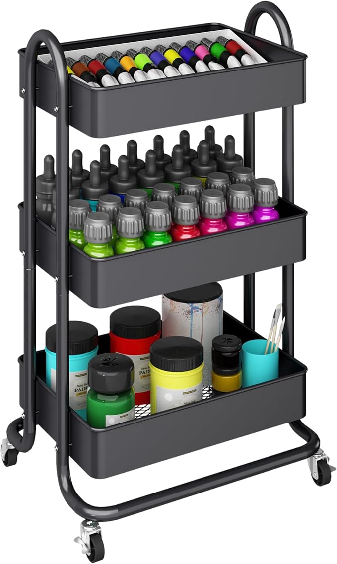 MIOCASA 3-Tier Metal Utility Rolling Cart, Heavy Duty Multifunction Cart with Lockable Casters, Easy to Assemble, Suitable for Office, Bathroom, Kitchen, Garden (Dark Gray, 3-Tier-Metal)