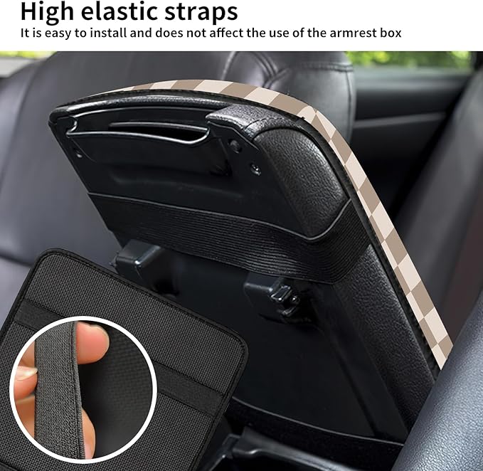Car Center Console Cover, Universal Soft Large Neoprene Auto Armrest Seat Box Cover, Funny Car Decor Accessories Fit for Most Cars, Vehicles, SUVs Cute Beige Checkered