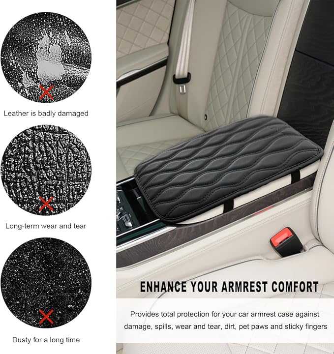 Car Center Console Pad, Waterproof Leather Armrest Seat Box Cover Protector, Non-Slip Middle Console Cushion Pad Interior Decor Fits Most Vehicles, Car Accessories (Black)