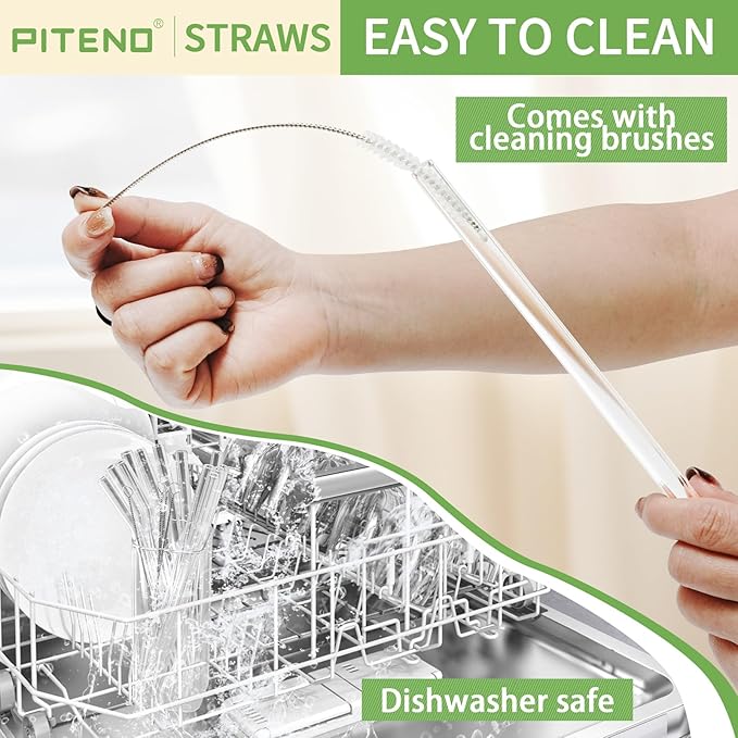 Piteno® 16-Pack Reusable Glass Straws Set, Clear Glass Drinking Straws, 8.5''x10MM, Set of 6 Straight and 6 Bent with 4 Cleaning Brushes, Perfect for Smoothies, Milkshakes, Juice, Tea