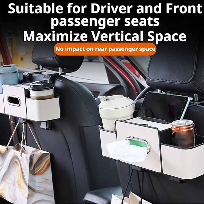 Car Organizers and Storage Box Behind Seat, 2026 New Car Headrest Organizer Back Seat with Drink Cup Holder Tissue Box for Hold Phone, Snacks, Drinks, Handbag (Brown)