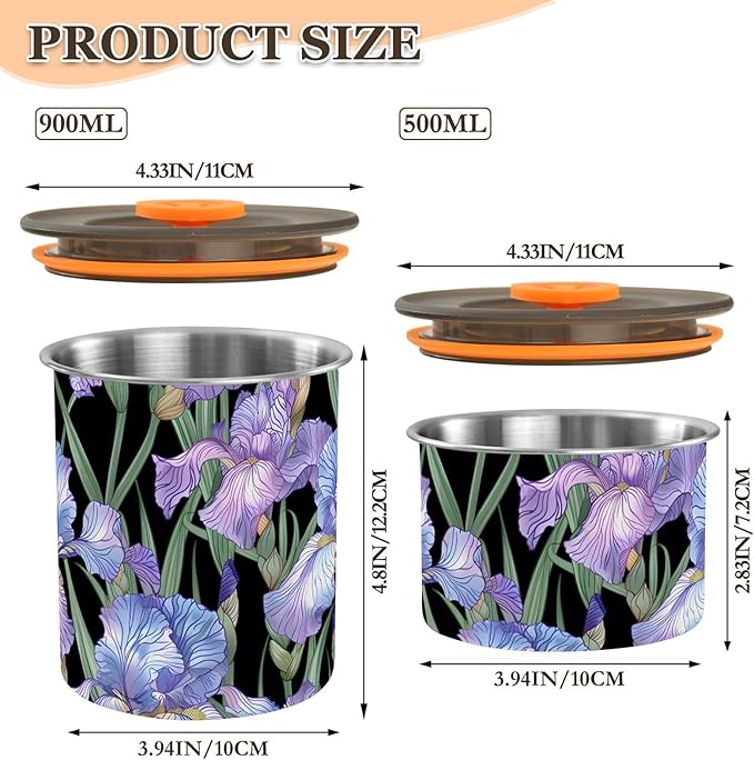 ALAZA Purple Iris Flowers Floral Kitten Cats Airtight Coffee Bean Canister Customed 900ml Food Storage Containers with Lids For Gournd, Tea, Sugar, Flour, Rice, Cereal, Candy Cookie Jar