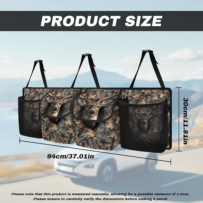 Deer Camouflage Car Storage Organizer New Version, Hanging Trunk Organizer with 4 Functional Storage Bags, Car Trunk Storage Bag for SUV Truck MPV VAN