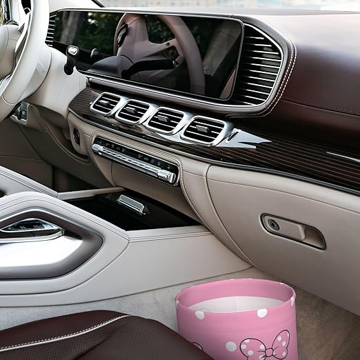 Cute Pink White Polka Dots Car Trash Can Garbage Cans Foldable,Small Hanging Car Organizer Storage Bag Leak Proof, Auto Back Seat Trash Bin Universal for Truck, SUV, Outdoor Travel