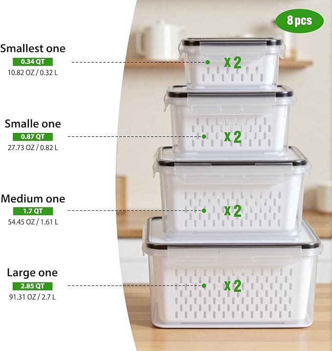 8 PCS Fruit Storage Containers for Fridge, Leakproof Produce Containers for Fridge with Removable Colander, Microwave/Dishwasher Safe Fruit Washing Bowl Keep Fruits, Vegetables, Berry Fresh longer
