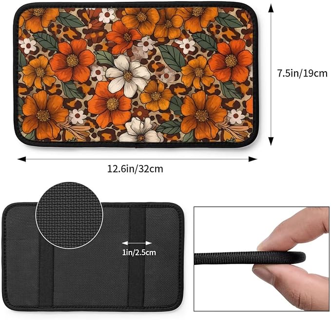 Brown Floral Center Console Cover Boho Hippie Daisy Cute Armrest Covers Soft Cozy Protector Interior Middle Console Lid Cover Pad Leopard Vintage Arm Rest Covers