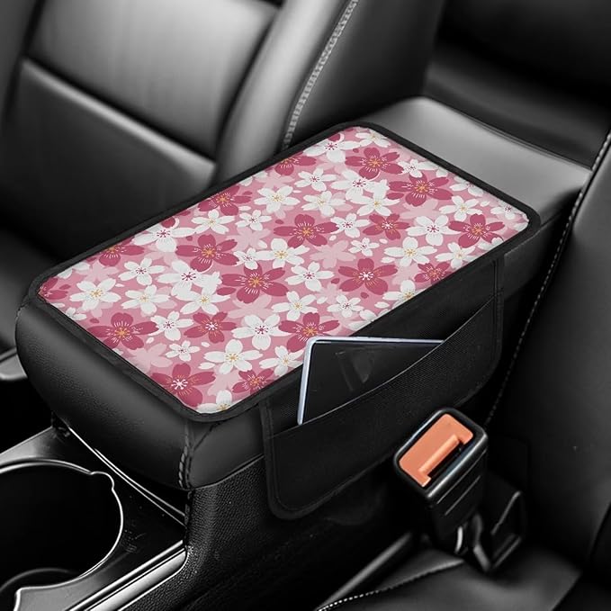 Dreaweet Car Center Console Cover Pink and White Cherry Blossom Car Accessories for Women Arm Rest Cover for SUV Sedan Non-Slip Comfortable Car Armrest Cover Pad,Easy to Install
