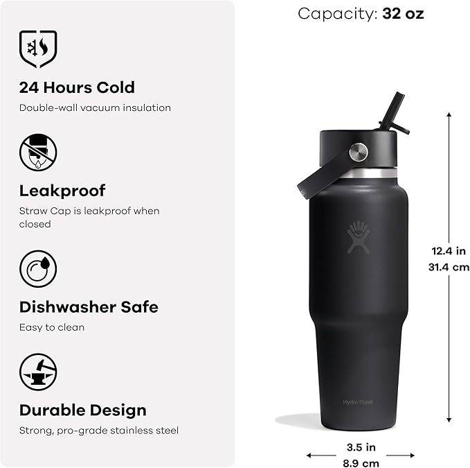 Hydro Flask Travel Water Bottle - Insulated Stainless Steel - Wide Straw Lid, Non Spill, Leakproof in 32 Oz Mermaid Green