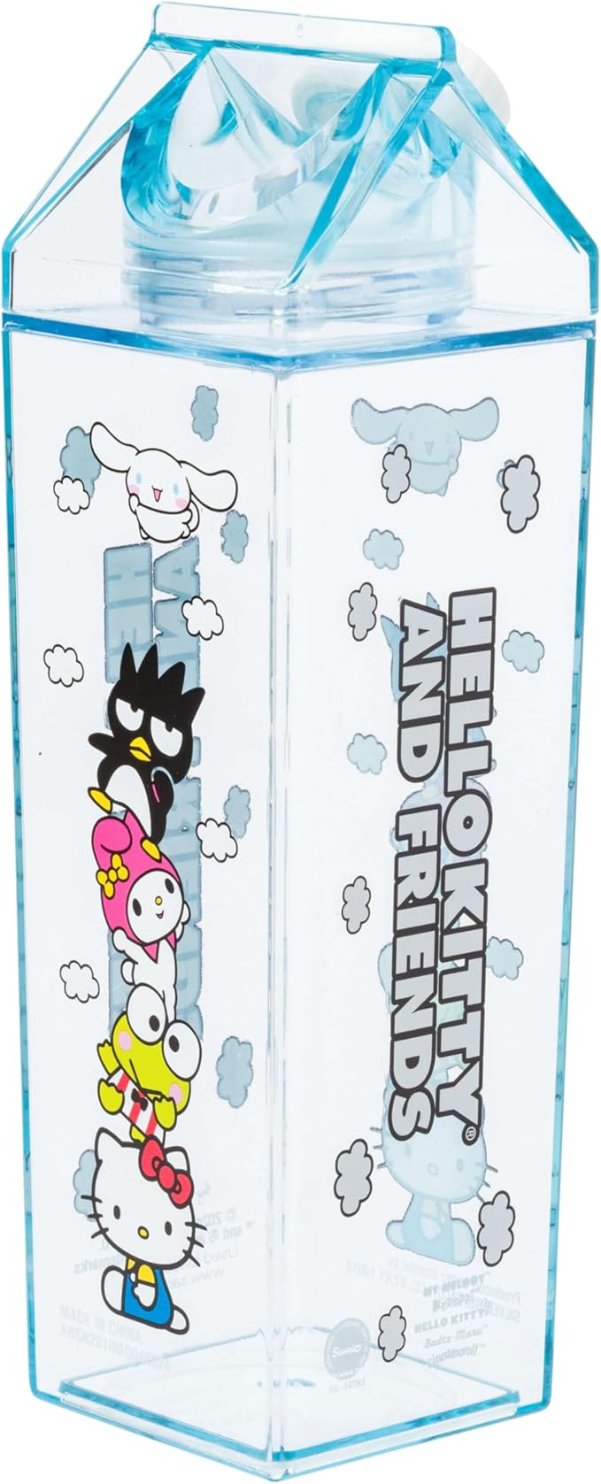Silver Buffalo Sanrio Hello Kitty and Friends Featuring Cinnamoroll, Badtz-Maru, My Melody, and Keroppi Plastic Milk Carton Pitcher Bottle, 16.2 Ounces