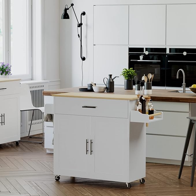 IRONCK Rolling Kitchen Island Table on Wheels with Drop Leaf, Storage Cabinet, Drawer, Spice/Towel Rack, Kitchen Cart, 47.25" Wide White