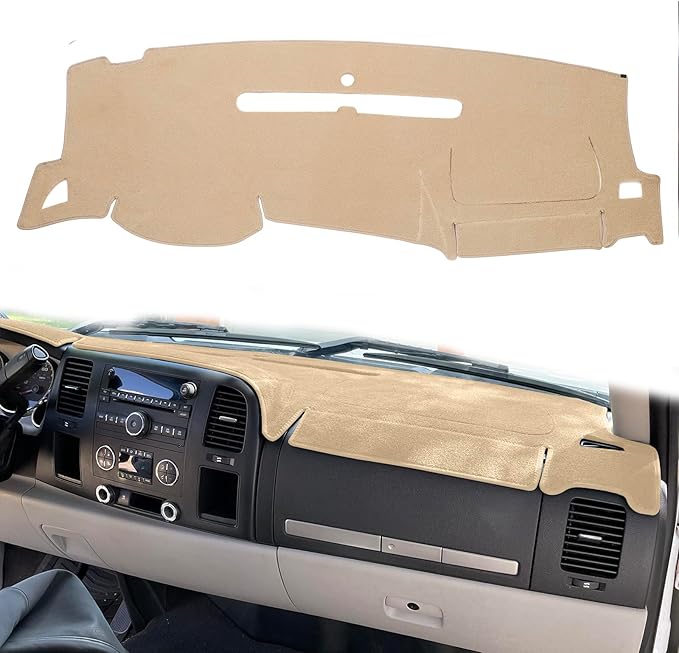 Dashboard Cover for GMC Sierra and Chevrolet Silverado- Fits 2007-2013 Models with Two Glove Boxes. Custom Fit Dash Mat, Won't Break Dash Sensors(Premium Carpet, Beige)