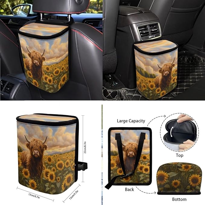 10 Piece Car Seat Cover Sets for Women and Men, Highland Cattle Sunflower Printed Car Front and Back Seat Protector Steering Wheel Cover Trash Can Air Vent Storage Bag Wristlet Keychain