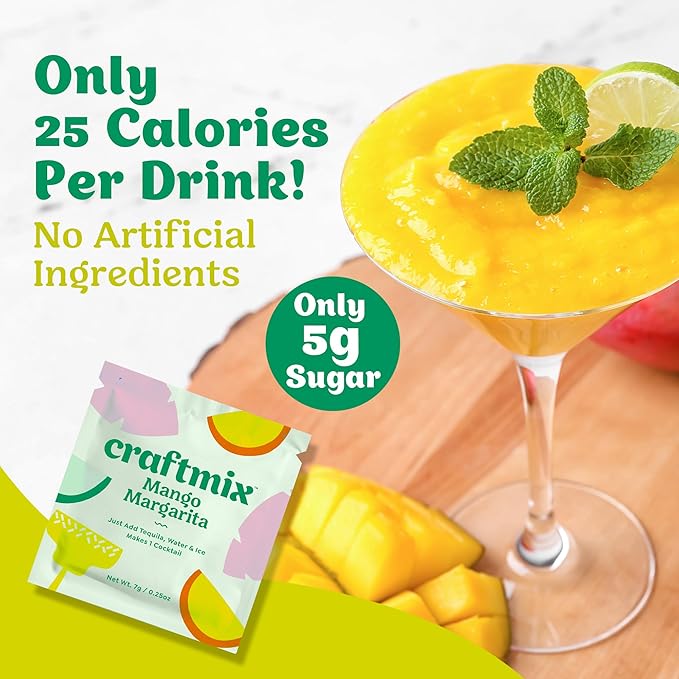 Craftmix Mango Margarita Cocktail & Mocktail Drink Mixer, Skinny Mixes - Water Flavoring Packets - Made With Real Fruit - Vegan, Low-Carb, Low-Sugar, Non-GMO, Dairy Free, Gluten Free, 12 Pack