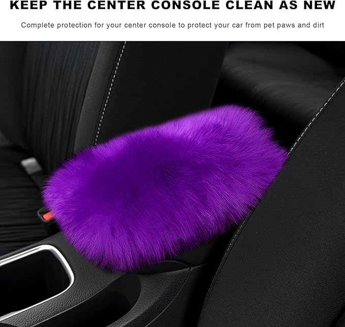 Furry Car Center Console Cover Pad, 11.8"×7.9" Auto Fluffy Plush Center Armrest Protective Cover, Comfortable Fuzzy Armrest Seat Box Protector Cushion for Cars Trucks SUVs (Purple)