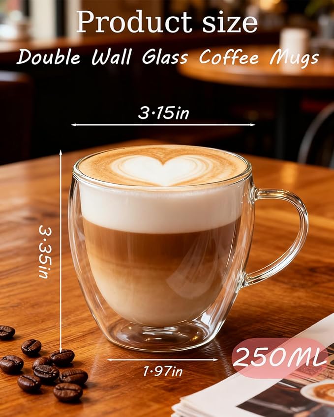 Glass Coffee Cups Set Of 2-8.5oz Double Walled Glass Coffee Mugs with Handle,Clear Insulated Borosilicate Glass Mug,Suitable for Cappuccino,Tea,Latte,Hot Beverage and Wine (2 pack 8.5oz)