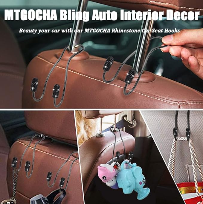 MTGOCHA Car Headrest Hooks Car Purse Hook(2 Pack),Bling Car Bag Hooks, Car Hook for Purses and Bags Cute Metal Car Purse Holder Hook, Bling Car Accessories for Women, Electroplating Black