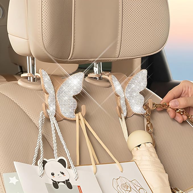 2 Pack Butterfly Bling Car Seat Headrest Hooks for Purses and Bags Aesthetic Design Car Hooks Rhinestones Hanger for Car Back Seat Organizer Storage Hook Bling Car Accessories（Light Brown）