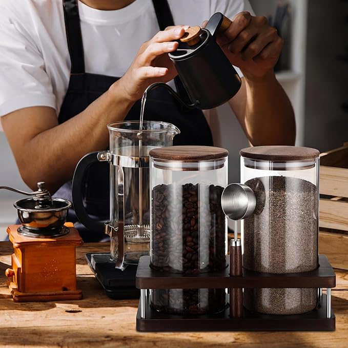 Suclain Glass Coffee Grounds Container with Shelf 2 x 44 oz Glass Coffee Bean Storage Canisters with Airtight Thread Lid and Measuring Spoon Food Storage Jars for Kitchen Sugar(Clear Style)