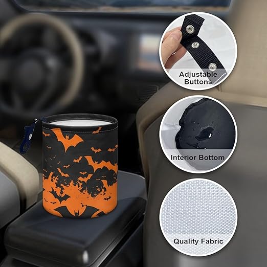 Halloween Bat Print Car Garbage Can Mini Car Trash Bin Truck Organizer Auto Storage Bag Waterproof Portable Accessories Road Trip for Kids