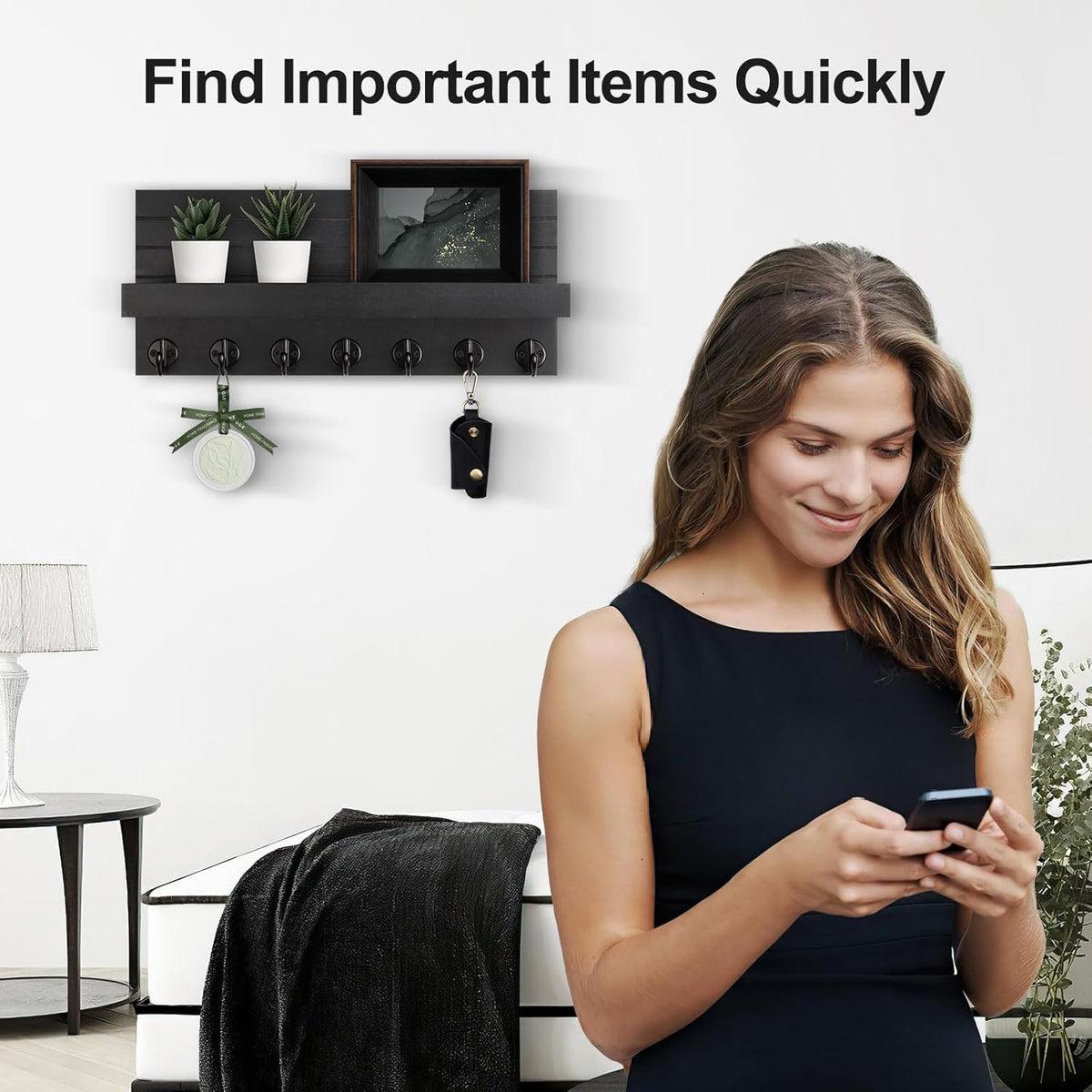 Key Holder Wall Mount, Entryway Key and Mail Holder with 7 Sturdy Hooks for Sunglasses, Dog Leash, Decorative Wall Shelf with Mounting Hardware, 15”W x 6.7”H x 4.2”D