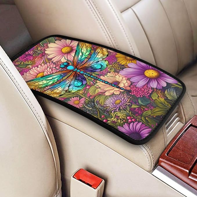Universal Car Center Console Cushion Pad, Purple Flower Dragonfly Soft Waterproof Car Center Console Cover Auto Armrest Seat Box Cover Protector for Most Vehicle SUV Truck Car